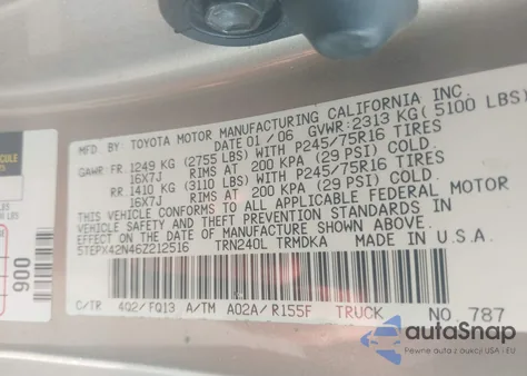 2006 Toyota Tacoma z USA, uszkodzony, nr VIN 5TEPX42N46Z212516
